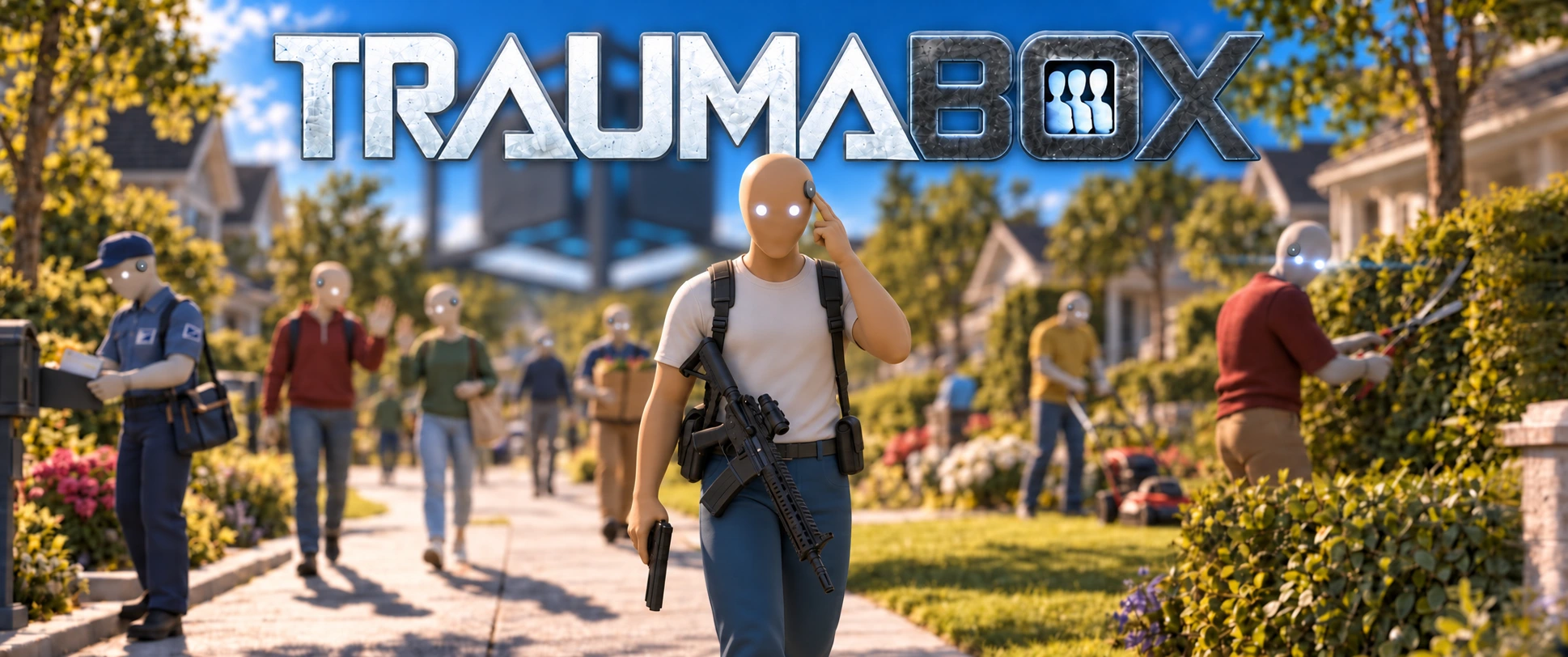 TRAUMABOX cover art: clones wearing neural devices on a sunny suburban street