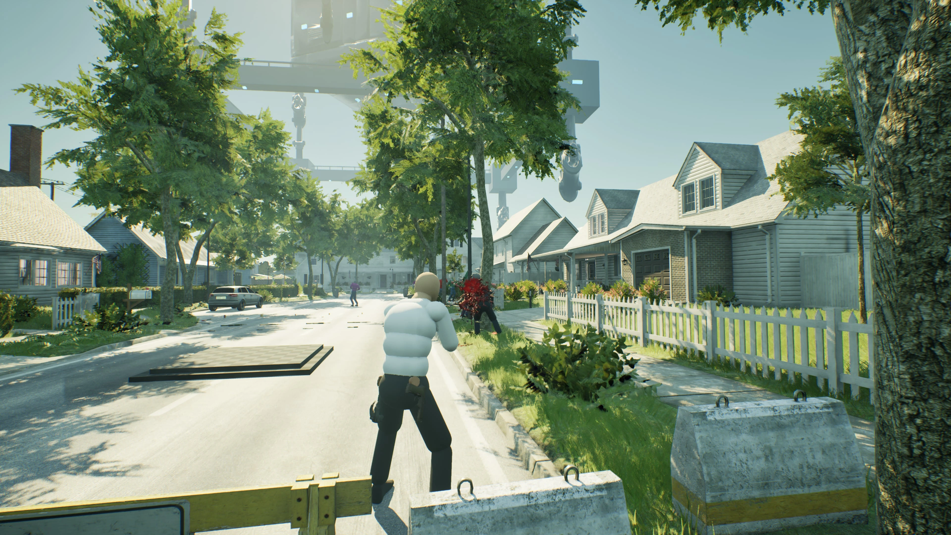TRAUMABOX third-person gameplay on a suburban street populated by clones