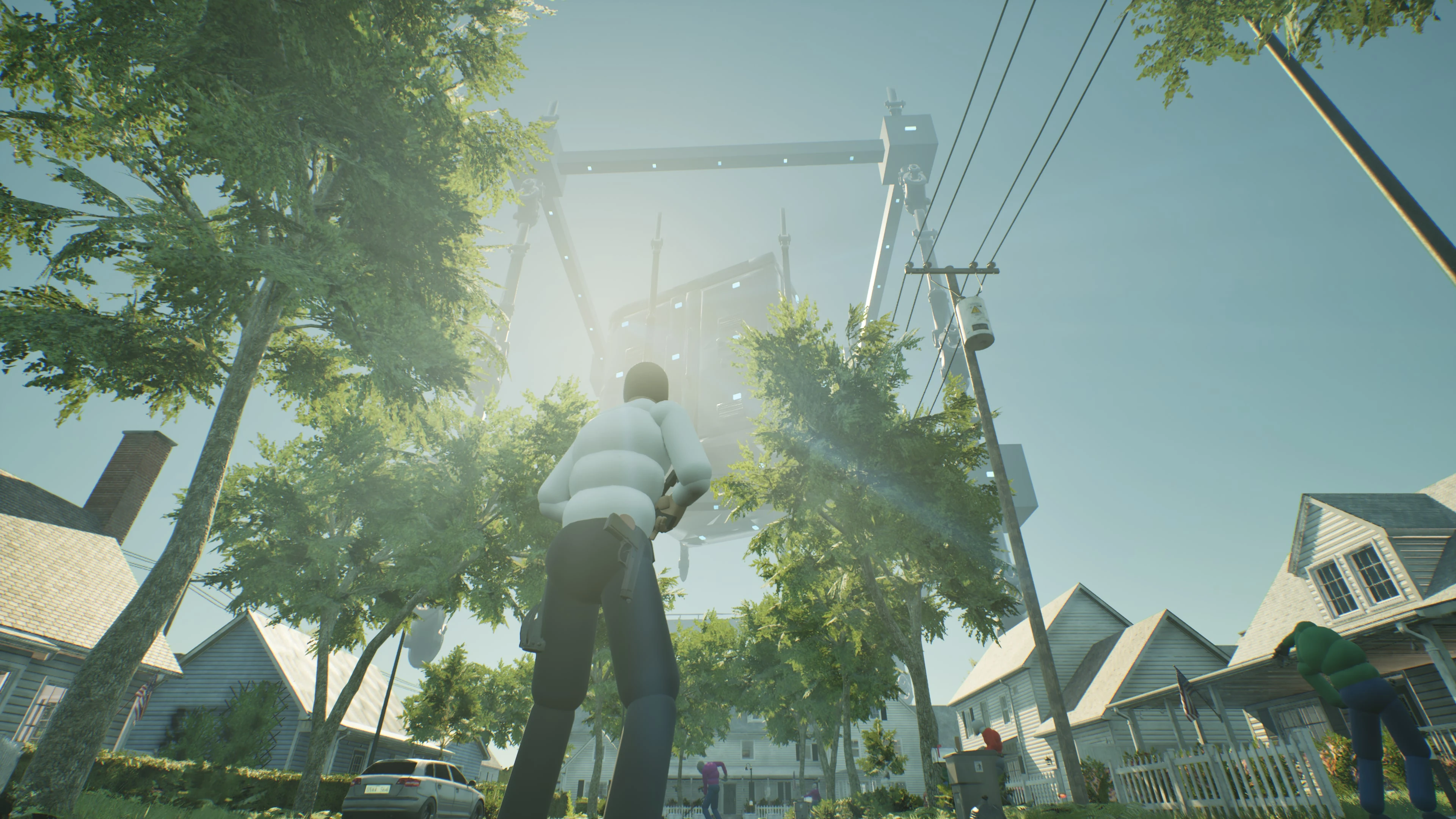 TRAUMABOX gameplay looking up at the structure above the neighborhood